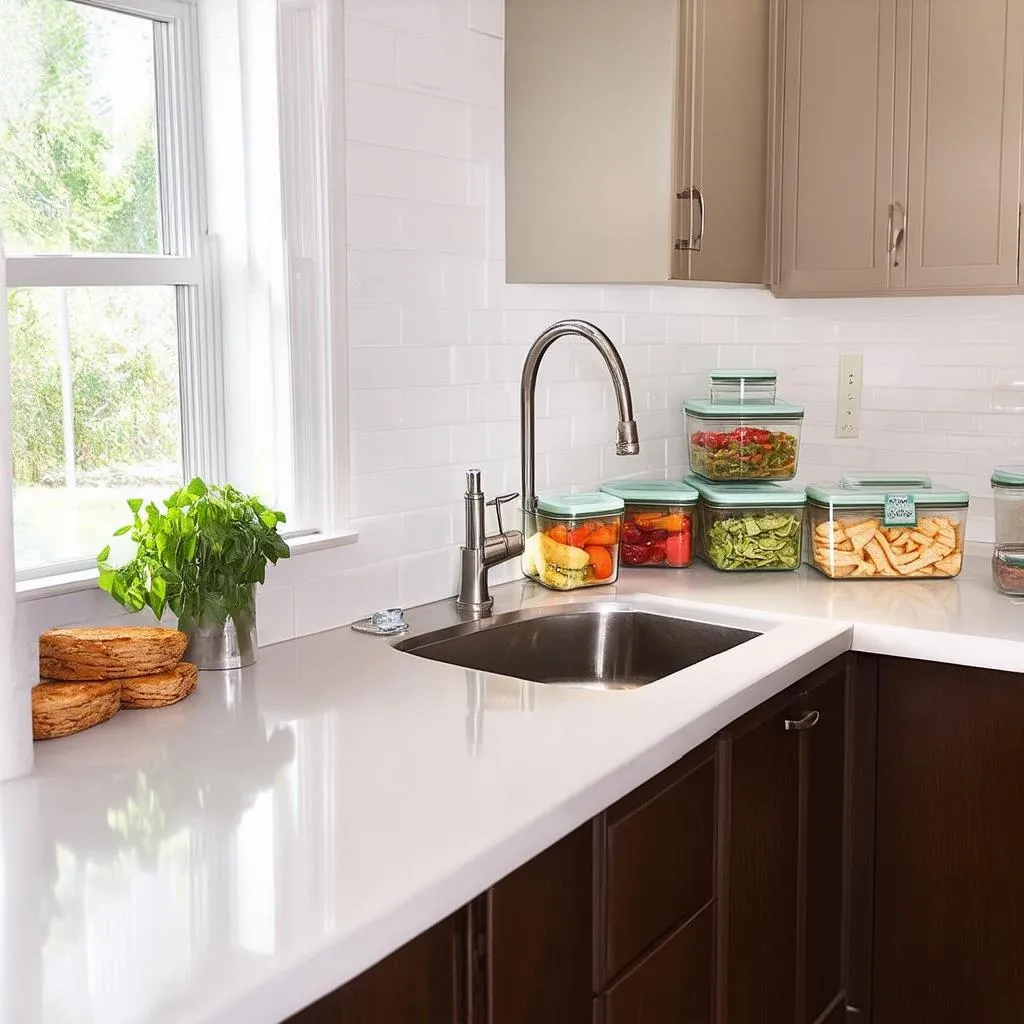 Clean kitchen, sealed containers, cockroach prevention